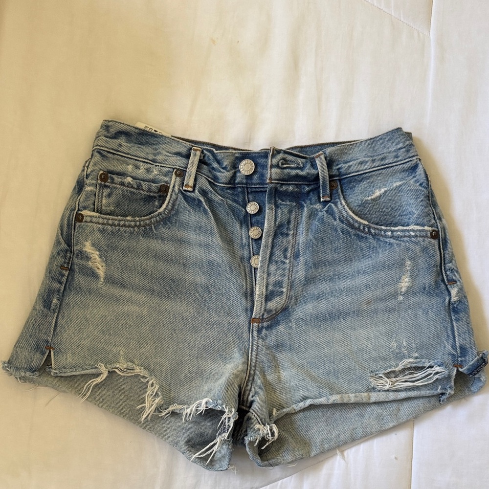Agolde Faded Blue Distressed Jean Shorts